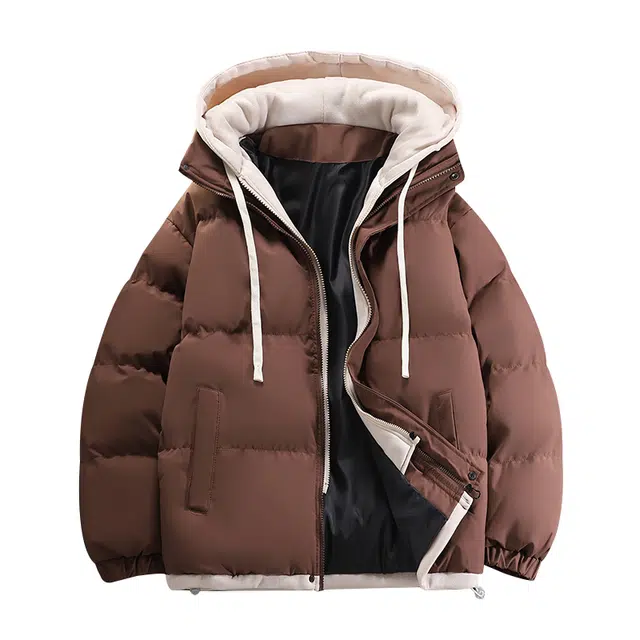 基础款纯色假两件加绒加厚保暖休闲短款连帽棉衣外套棉服 男款