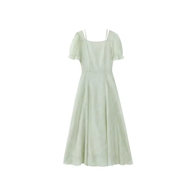 鹿向南 春日星河清新浅绿气质设计感收腰长裙子短袖连衣裙 女款 抹茶绿