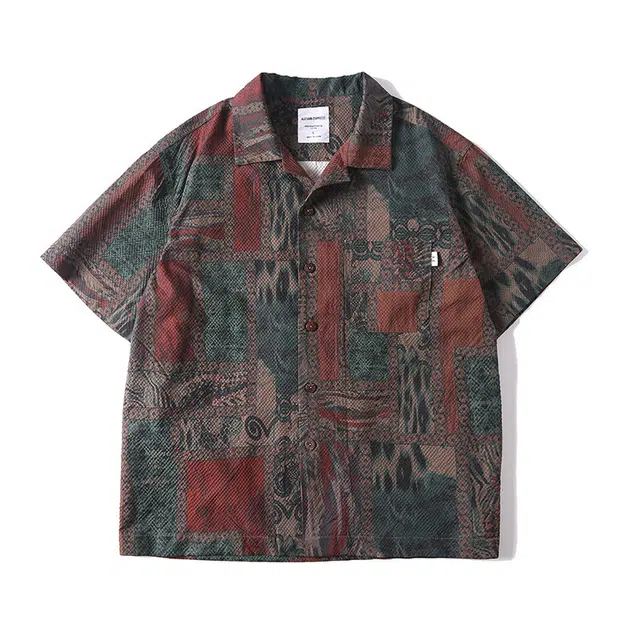 费尔岛上的猫 美式街头数码印花泡泡纱时尚舒适百搭宽松满印短袖衬衫 男女同款