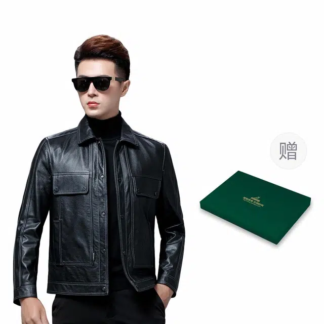 富铤 纯色机车风双明线口袋设计翻领臻品真皮皮衣 男款 黑色