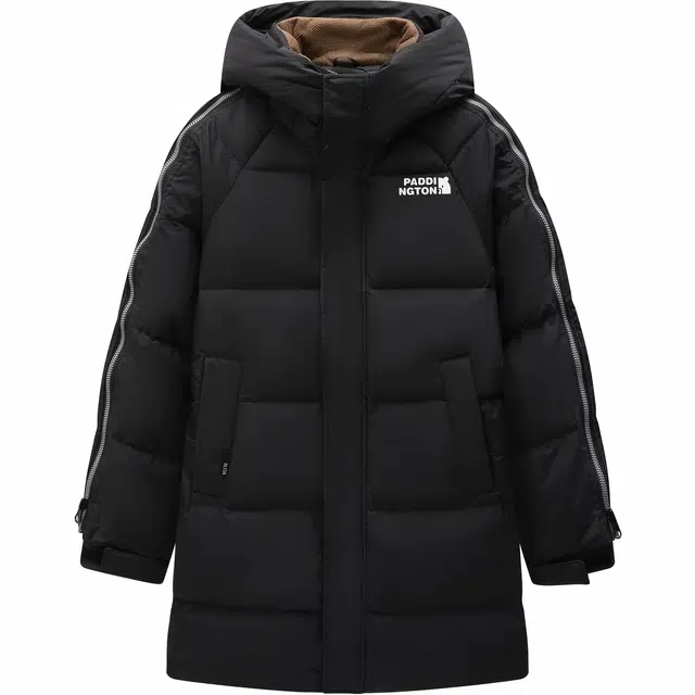 帕丁顿熊 纯色中长款小熊印花机能拉链条纹宽松休闲面包服防风防寒保暖加厚羽绒服 男女同款