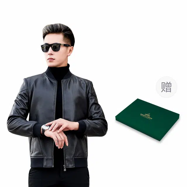 富铤 纯色美式复古棒球领休闲百搭皮衣 男款 黑色
