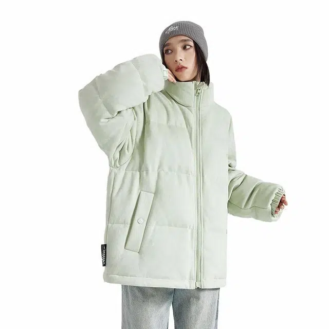 【dme】 美式高街宽松字母纯色休闲麂皮绒立领羽绒服 男女同款