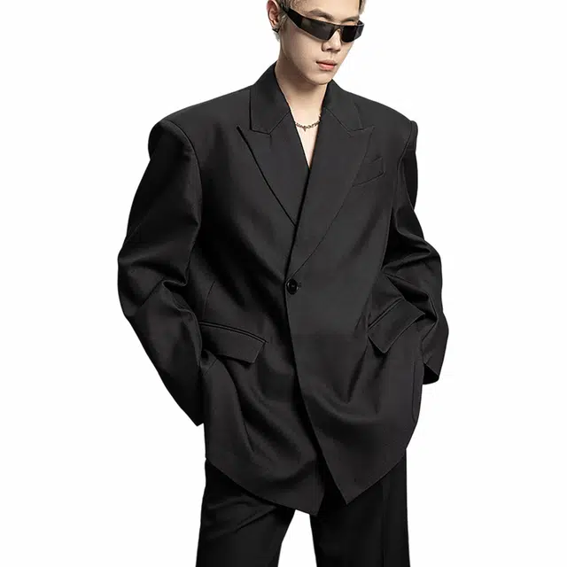 袋鼠 黑金时尚垫肩亲肤高级感时尚设计西服宽松时尚简约休闲翻领夹克 男女同款