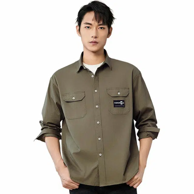 红豆 高棉舒弹工装风衬衫领男长袖休闲衬衫双口袋外套夹克 男女同款
