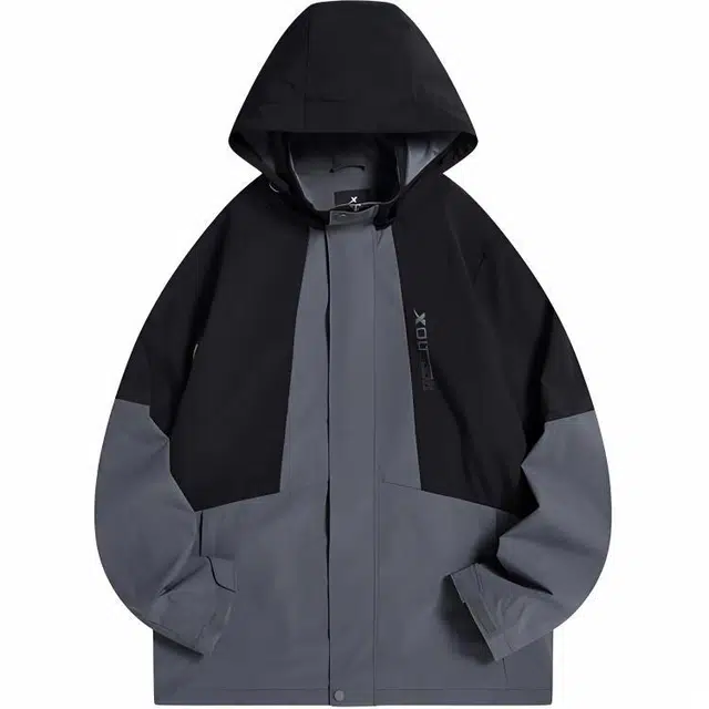 特步 户外系列 休闲连帽长袖风衣 男款 雅士灰/正黑色