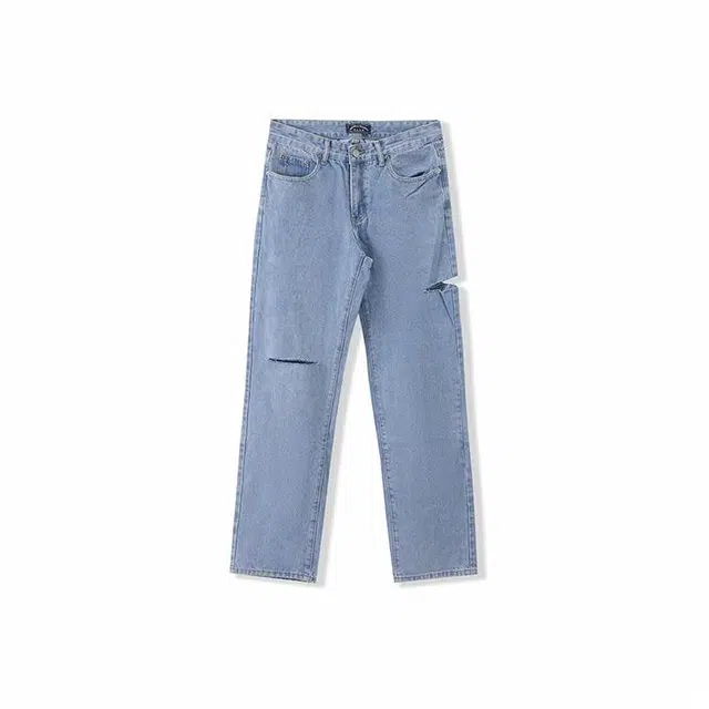 我是大卫 破洞设计宽松休闲直筒牛仔裤 男女同款 浅蓝色