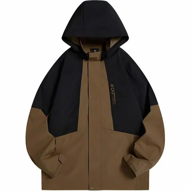 特步 户外系列 休闲连帽长袖风衣 男款 麂皮棕/正黑色