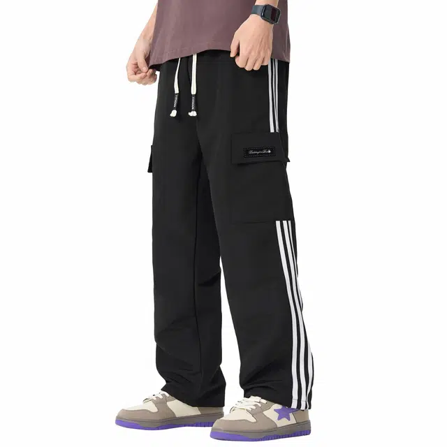 帕丁顿熊 简约工装三条杠抽绳直筒束脚针织运动裤 男女同款