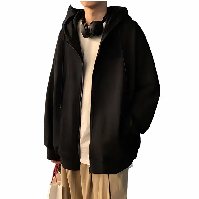 玉儿恋 纯色拉链开衫休闲运动宽松连帽夹克外套 男女同款