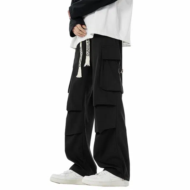 敦煌博物馆 美式高街织带抽绳机能宽松阔腿休闲裤褶皱简约伞兵工装裤 男女同款