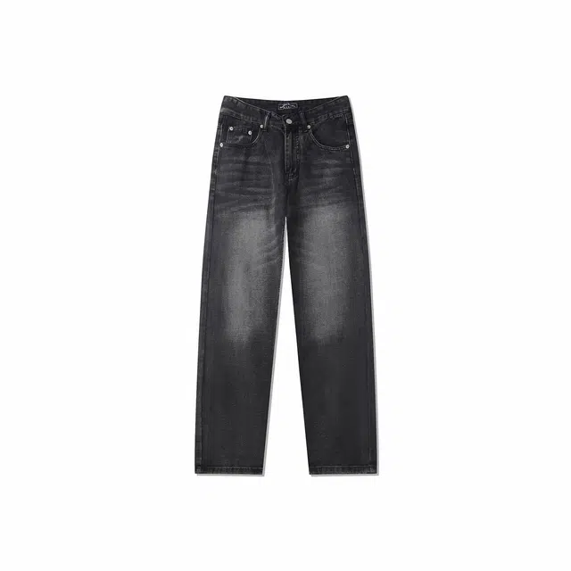 我是大卫 美式复古做旧水洗直筒高街牛仔裤 男女同款 黑色