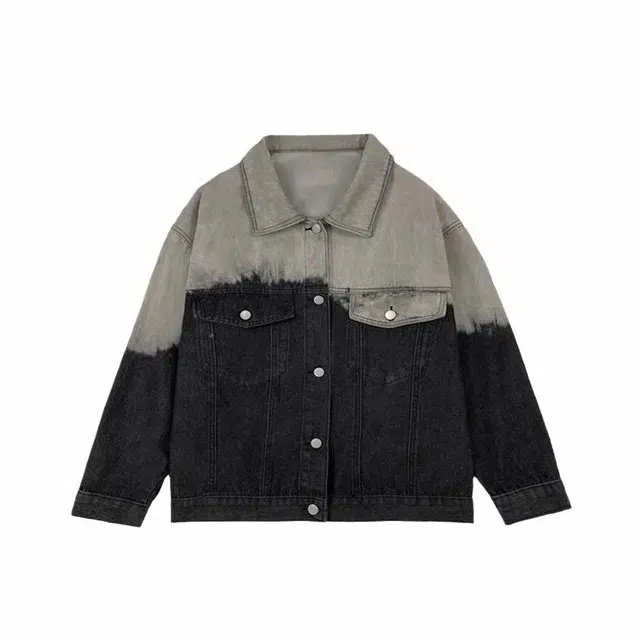 玉儿恋 港风渐变牛仔宽松高街美式复古夹克外套 男款 黑色