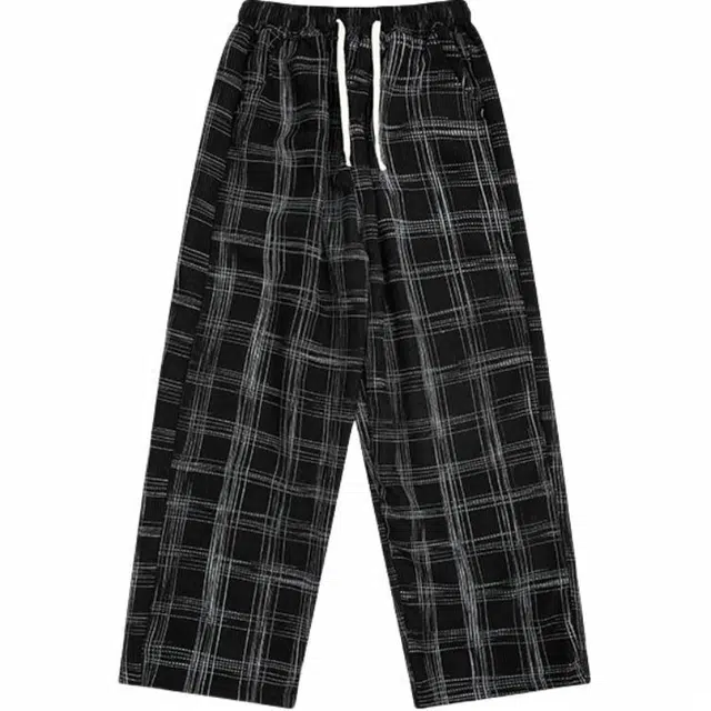 极限涡轮 高街直筒潮牌灯芯绒阔腿拖地高级感格子牛仔裤 男女同款 黑色
