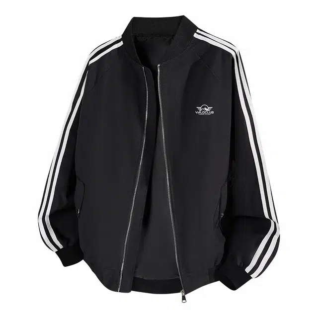 雅鹿 美式高街潮流印花高级感学院风开衫纯色休闲宽松基础款夹克外套 男女同款 黑色