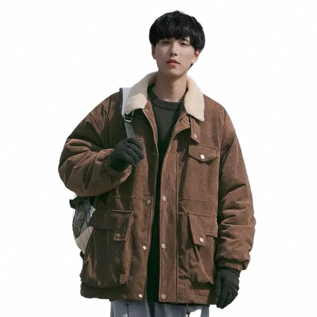 玉儿恋 加绒加厚潮牌纯色复古翻领落肩宽松单排扣棉服 男款