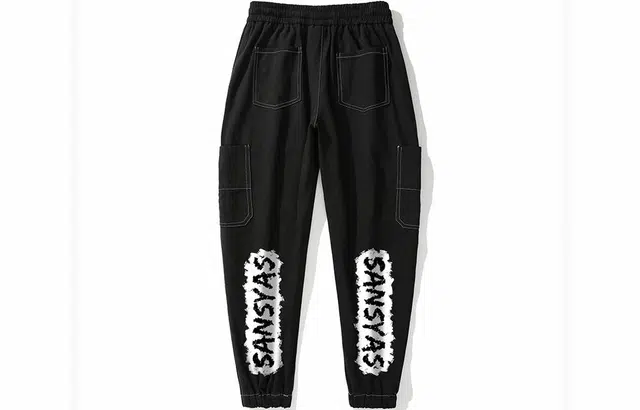 木村三社 毛绒小羊驼印花宽松收脚工装休闲裤 男女同款 黑色