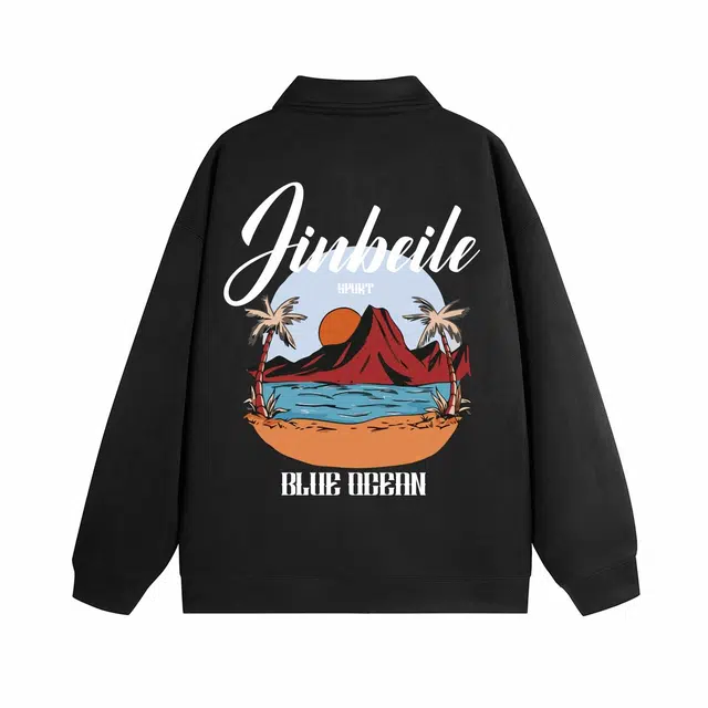 金贝勒 美式复古夏威夷风落日黄昏海滩风景印花宽松休闲翻领长袖夹克外套卫衣 男女同款