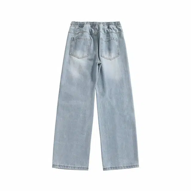 加荣 纯色直筒长裤宽松休闲大码做旧破洞牛仔裤 男女同款
