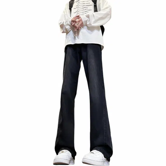 八哥 加绒可选 弯刀微喇美式高街基础款磨白渐变水洗做旧工艺中腰宽松休闲百搭亲肤舒适柔软不硬微喇牛仔裤 男女同款