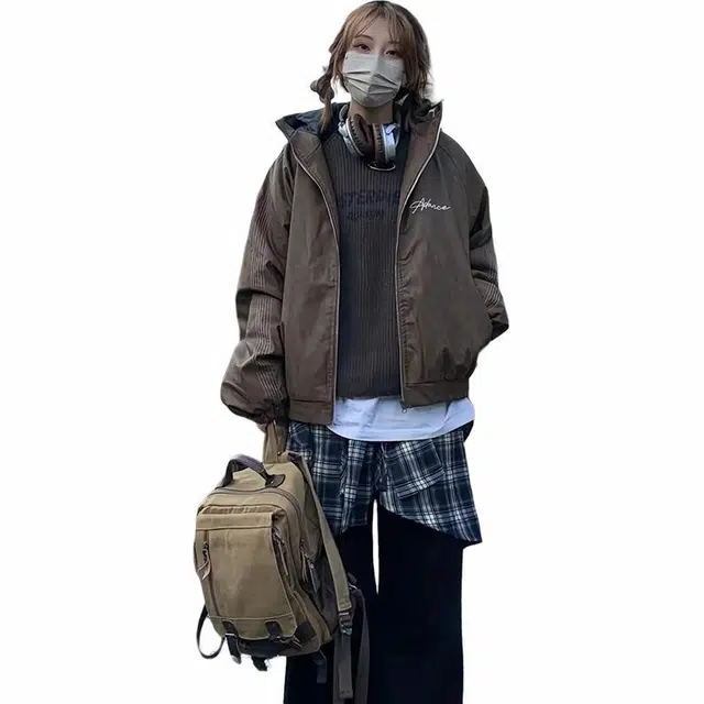 极限涡轮 美式个性撞色连帽潮牌刺绣外套时尚休闲百搭棉服 男女同款 咖啡色