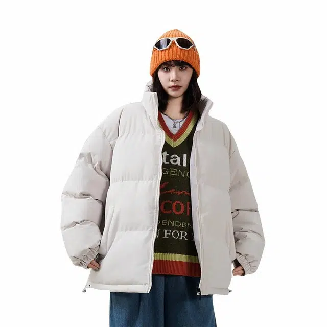 吾皇猫 纯色复古潮牌字母印花宽松休闲立领棉服 男女同款