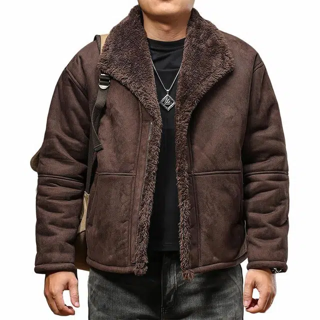 季言 皮毛一体短款高级感痞帅休闲皮衣 男款 咖啡色
