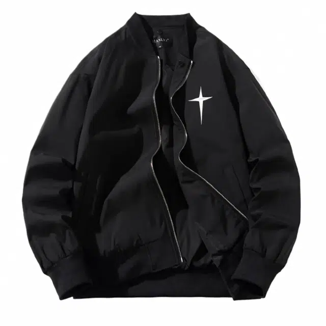 玉儿恋 十字架刺绣棒球领落肩宽松拉链夹克外套 男女同款