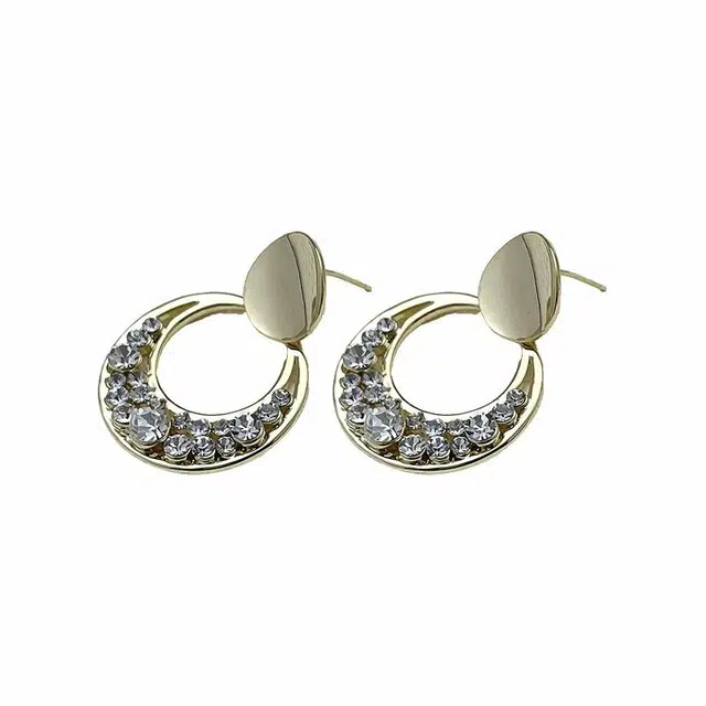 双生恋 几何圆形月牙镶钻小众设计感百搭时尚精致日常通勤约会轻奢高级感 铜 耳环 女款