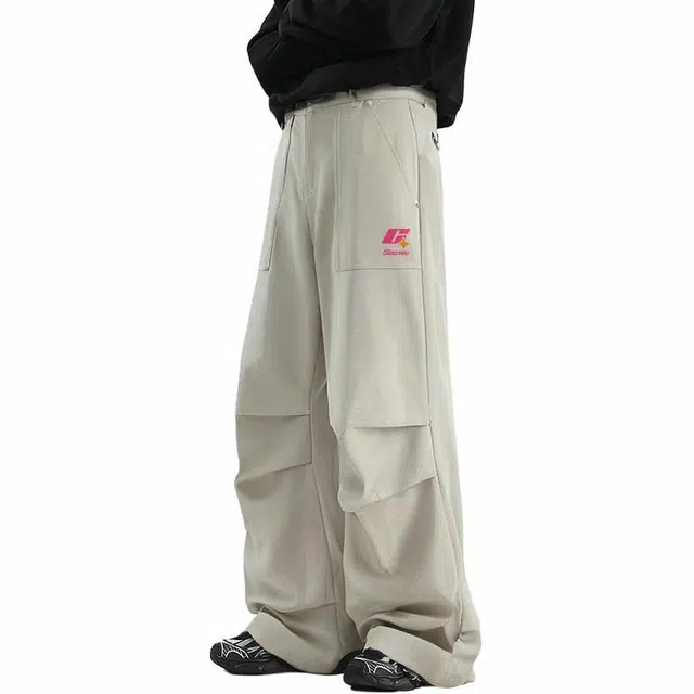 周同学 周杰伦 美式高街纯色褶皱设计直筒韩版运动宽松休闲裤 男女同款