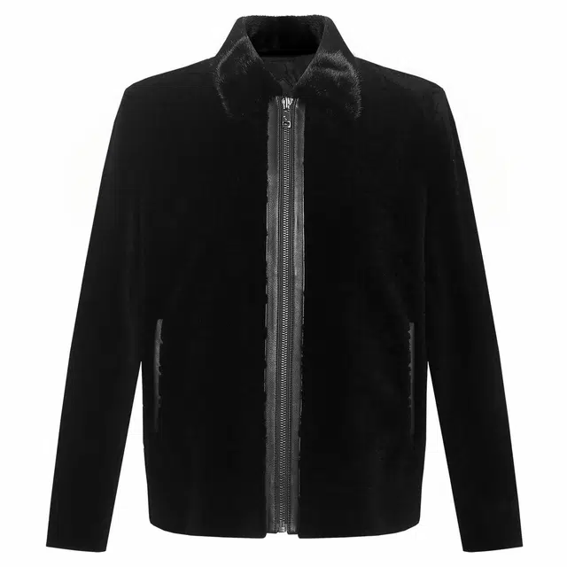 利郎 水貂毛皮毛领保暖商务休闲纯色短款翻领极简风质感绵羊毛皮草 男款 黑色