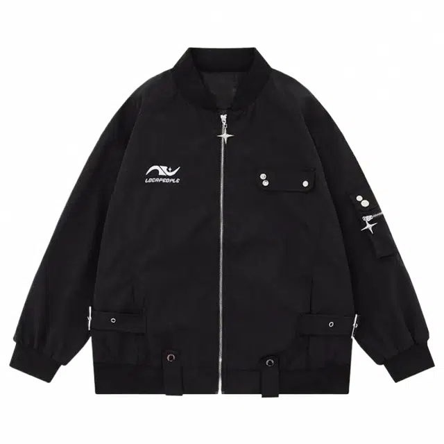 玉儿恋 字母印花棒球领宽松落肩拉链长袖夹克外套 男女同款