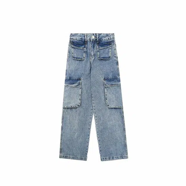 极限涡轮 美式水洗复古多口袋工装宽松直筒牛仔裤 男女同款 蓝色