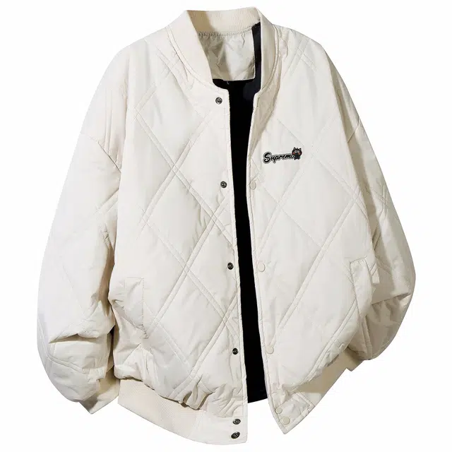 吾皇猫 美式嘻哈菱形格子设计品牌印花简约纯色宽松休闲飞行员舒适棒球领单排扣百搭保暖加绒加厚棉服 男女同款