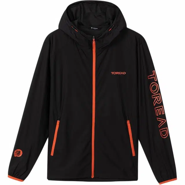 探路者 舒适弹力透气防紫外线速干连帽字母长袖防晒服 男款 黑色