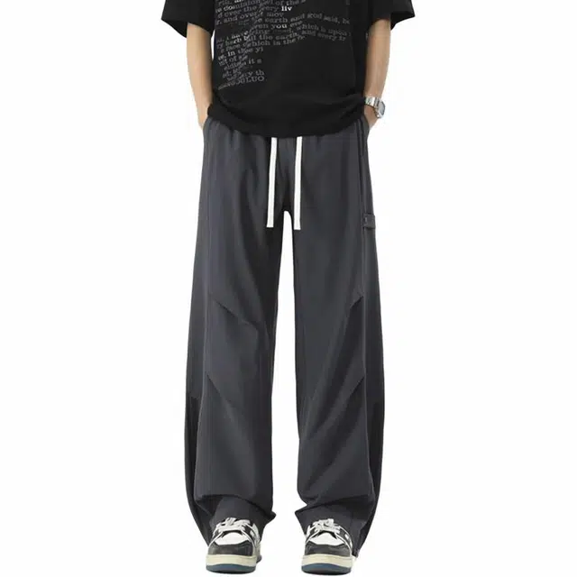 佐菲利 潮牌裤脚拉链开叉裤子男生宽松百搭抽绳直筒长裤子美式高街褶皱设计感休闲裤 男女同款