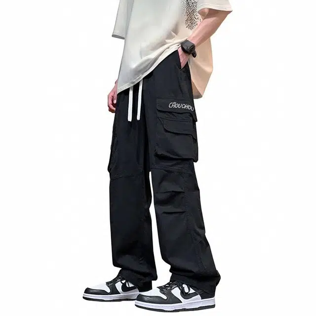 周同学 周杰伦 复古字母百搭纯色时尚宽松腰抽绳大口袋垂感直筒潮流休闲裤 男女同款