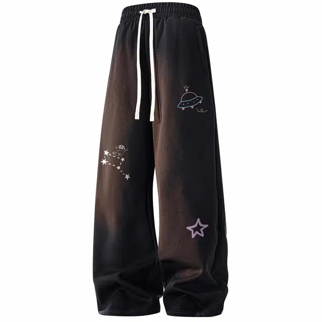蜡笔小新 卡通人物星星飞碟印花休闲抽绳宽松直筒休闲裤 男女同款