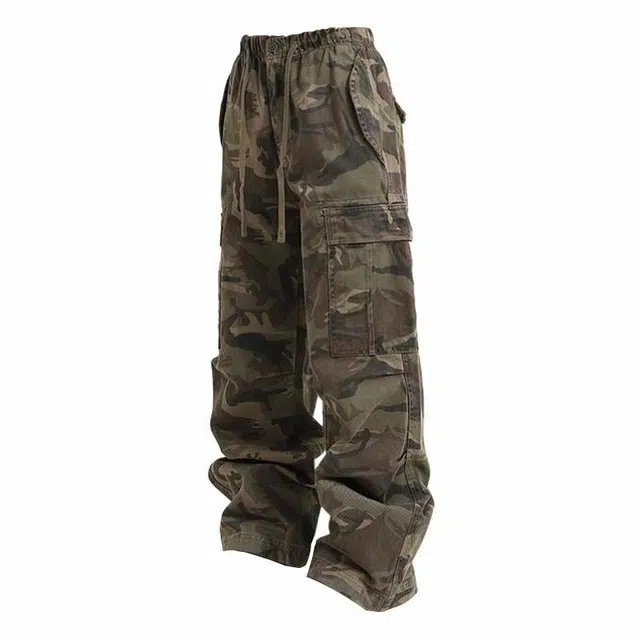 物质公式 美式高街复古迷彩多口袋设计微喇牛仔高腰显腿长裤子百搭拖地户外通勤拼接伐木做旧水洗宽松舒适废土风工装裤 男女同款