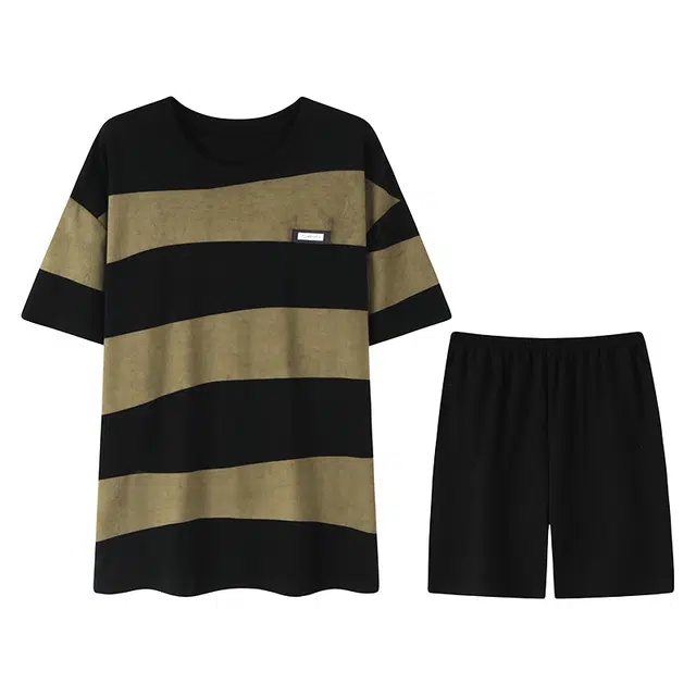 兰缪 条纹舒适休闲可外穿短袖五分裤睡衣套装 男款 图片色