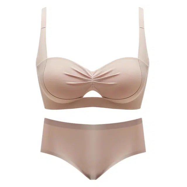 潞优野 性感小胸聚拢显大无痕收副乳防下垂上托内衣裤套装 女款 浅咖啡