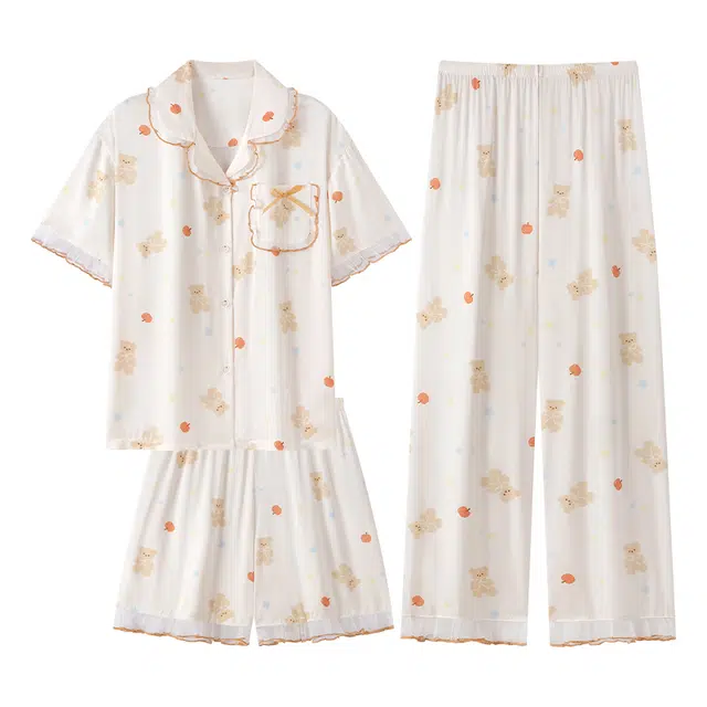 顶瓜瓜 卡通翻领短袖上衣透气短裤家居服长裤睡衣套装 女款 图片色