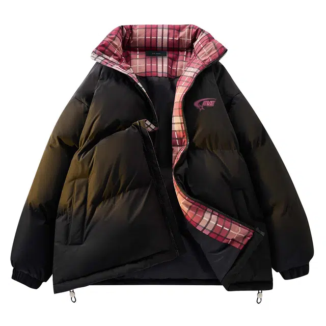依文 简约高级感休闲百搭立领宽松面包服领口格纹中性风设计感无性别穿搭潮牌保暖廓形小众慵懒风棉服 男女同款