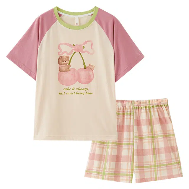 莫代尔 时尚百搭慵懒圆领舒适亲肤细腻轻盈透气带胸垫防凸点短袖家居服可外穿睡衣套装 女款 粉色