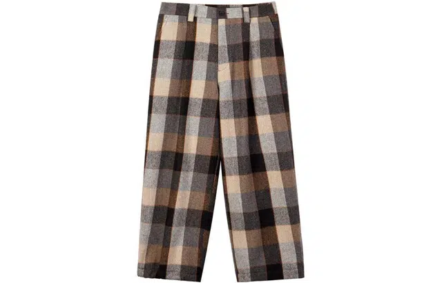 速写 格子印花撞色拼接直筒抽绳休闲裤 男款 棕色