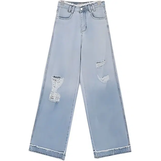 哒头下雨不愁 高腰破洞渐变女薄款夏季宽松显瘦拖地阔腿裤牛仔裤 女款 蓝色