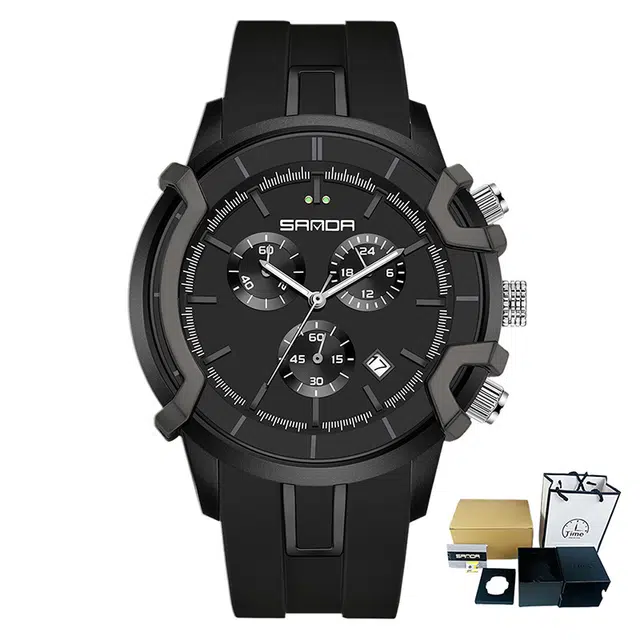 三达潮流酷炫个性百搭休闲学生 石英机芯 国表 男表 黑色表盘 夜光效果日历夜光防震防水