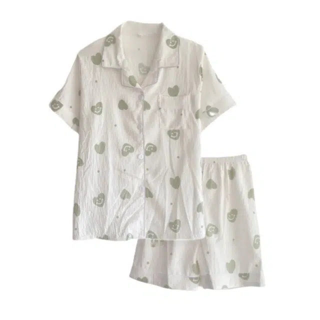 夏芬妍 柔软舒适爱心笑脸云朵棉翻领开衫家居服亲肤休闲短袖短裤时尚可外穿睡衣套装 女款 杏色