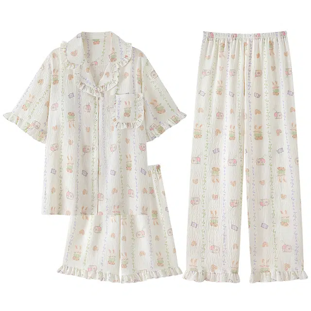 顶瓜瓜 带胸垫短袖卡通可爱小兔花边家居服睡衣套装 女款 图片色