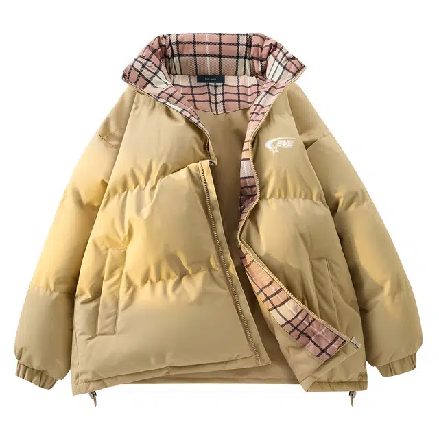依文 简约高级感休闲百搭立领宽松面包服领口格纹中性风设计感无性别穿搭潮牌保暖廓形小众慵懒风棉服 男女同款